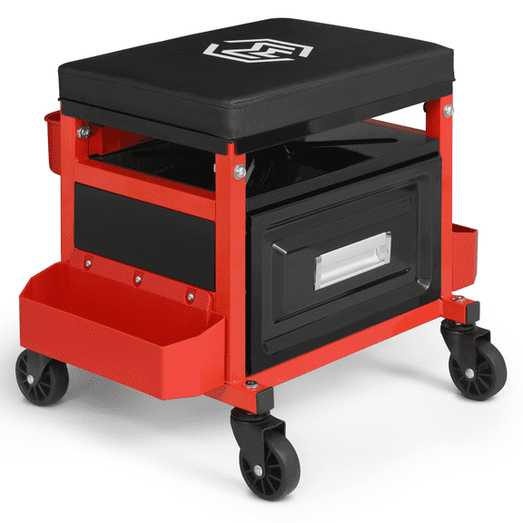M-AUTO Adjustable Rectangular Roller Tool Box Padded Chair with Storage Tool Tray & Cabinet, 350 lbs Capacity with Casters - Red