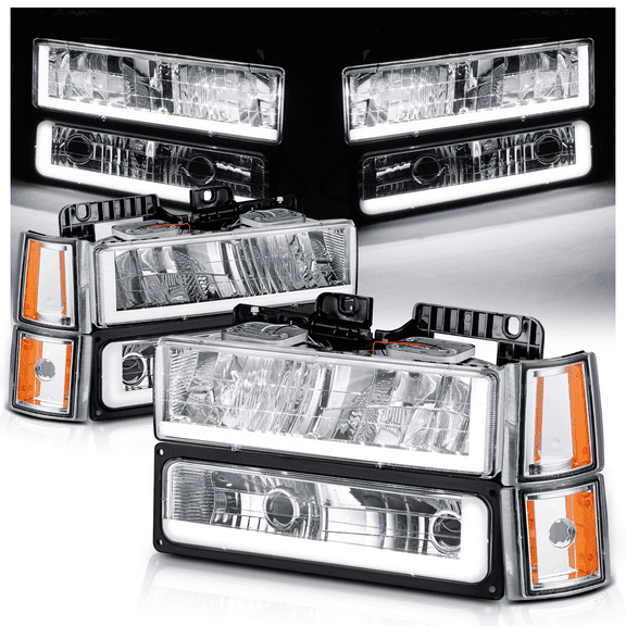 M-AUTO DRL LED Tube Headlight Assembly with 6000K LED Bulbs for 1994-1999 GMC C1500/K1500 Yukon, 1994-1999 GMC C1500/C2500/K1500/K2500 Suburban, 1994-2000 GMC C2500/C3500/K2500/K3500