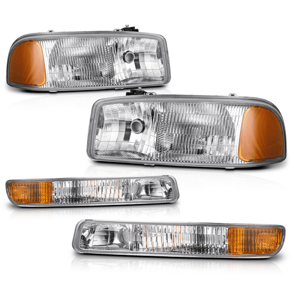 M-AUTO Headlights Assembly Replacement for 1999-2007 GMC Sierra Pickup, Chrome Housing Crystal Clear Lens Amber Reflector