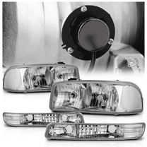 M-AUTO Headlights Assembly with 2 Pairs Pre-Assembled LED Bulbs for 1999-2007 GMC Sierra, Chrome Housing Clear Lens Clear Reflector