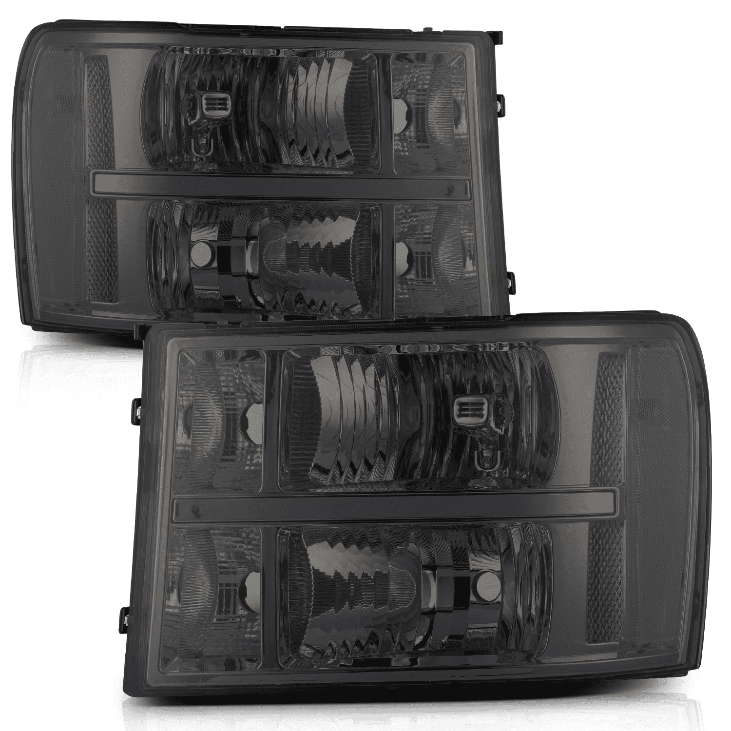 M-AUTO Left+Right Headlights Assembly for 2007-2014 GMC Sierra Pickup, Chrome Housing Smoke Lens Clear Corner
