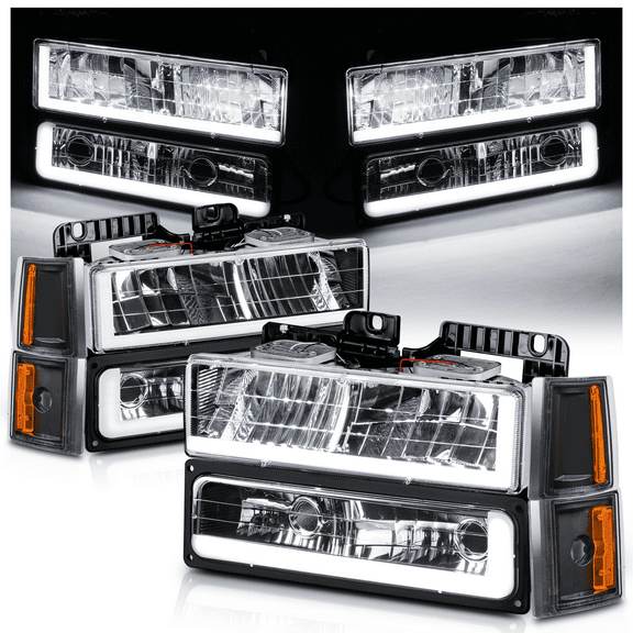 M-AUTO Replacement LED Tube Headlights Assembly Set for 1994-1999 GMC C1500/K1500 Yukon, 1994-1999 GMC C1500/C2500/K1500/K2500 Suburban, 1994-2000 GMC C2500/C3500/K2500/K3500