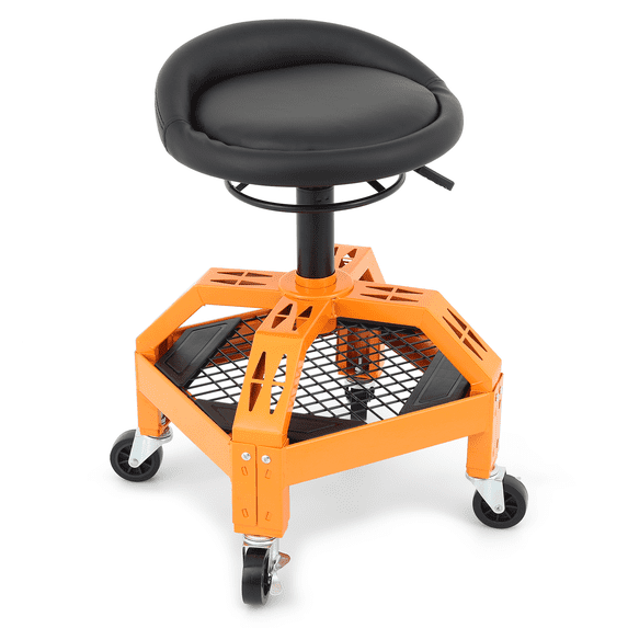 M-AUTO Rolling Garage Stool, Adjustable Height Mechanic Seat with Tool Tray & 3" Swivel Casters for Workshop Auto Repair Shop, 300 lbs Capacity, Orange
