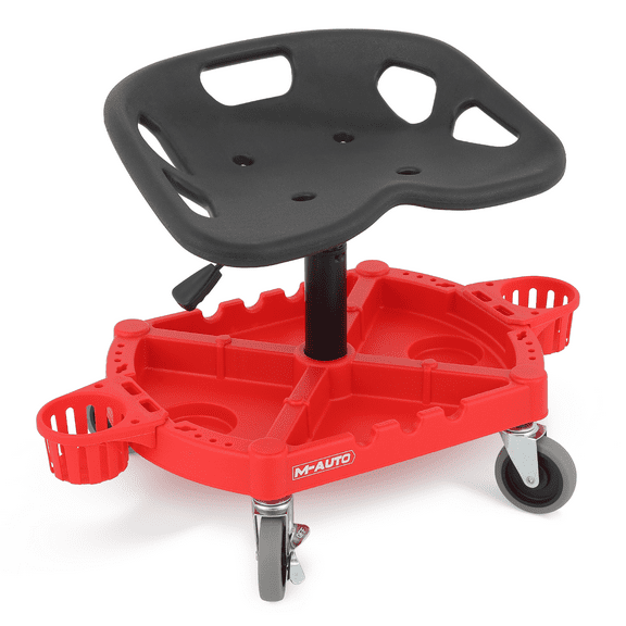 M-AUTO Rolling Garage Stool, Adjustable Height Mobile Roller Seat with Cup Holder, Tool Tray & 4" Swivel Casters, 300 lbs Capacity, Red