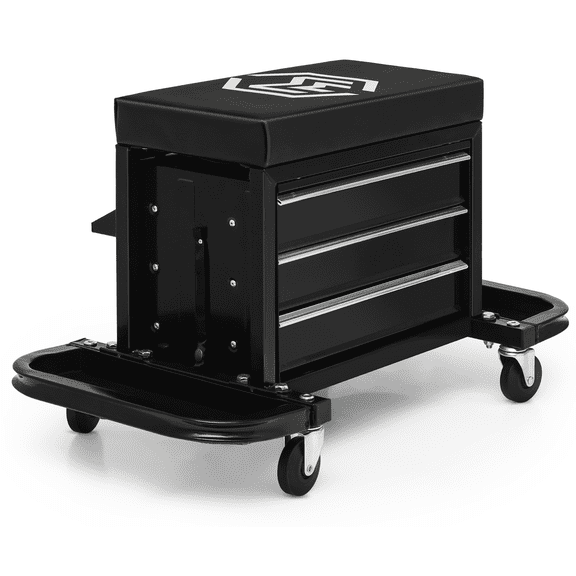 M-AUTO Rolling Stool with 3-Drawer Tool Box, Padded Mechanic Stool Creeper Seat with Foldable Tool Tray, 350 lbs Capacity Garage Workshop Stool with Wheels, Black