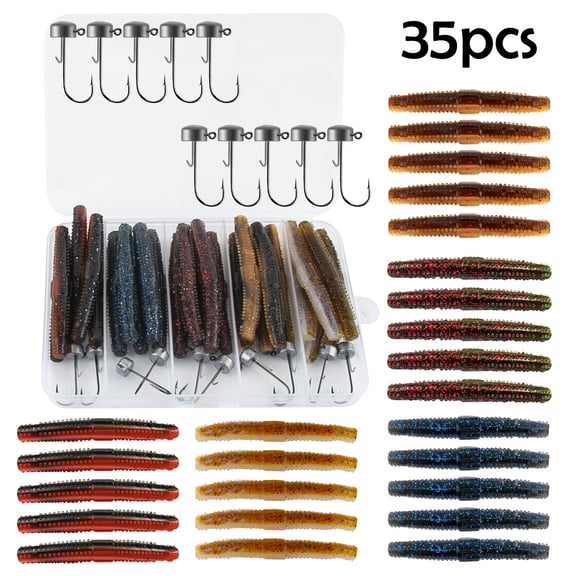 M Altemura 35Pcs Soft Plastic Worm Fishing Lures Kit, Finesse TRD Stick Baits with Ned Rig Jig Heads or Drop Shot Hooks for Bass Fishing, High Strength Tear Resistant Freshwater Soft Baits