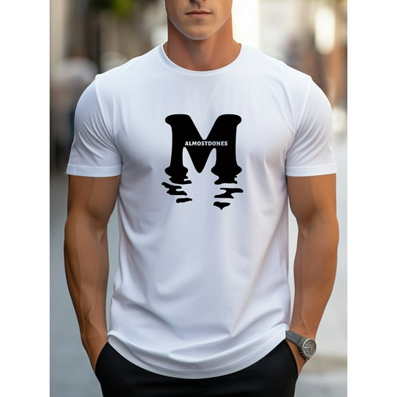 M And Reflection Graphic Print, Men's Novel Graphic Design T-shirt, Casual Comfy Tees For Summer, Men's Clothing Tops For Daily Activities