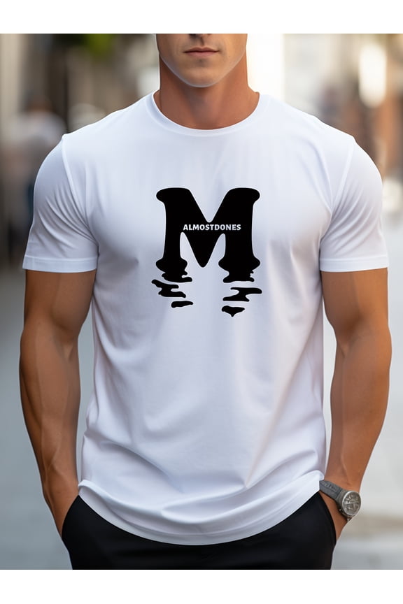 M And Reflection Graphic Print, Men's Novel Graphic Design T-shirt, Casual Comfy Tees For Summer, Men's Clothing Tops For Daily Activities