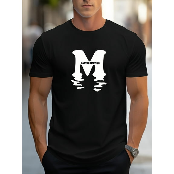 M And Reflection Graphic Print, Men's Novel Graphic Design T-shirt, Casual Comfy Tees For Summer, Men's Clothing Tops For Daily Activities