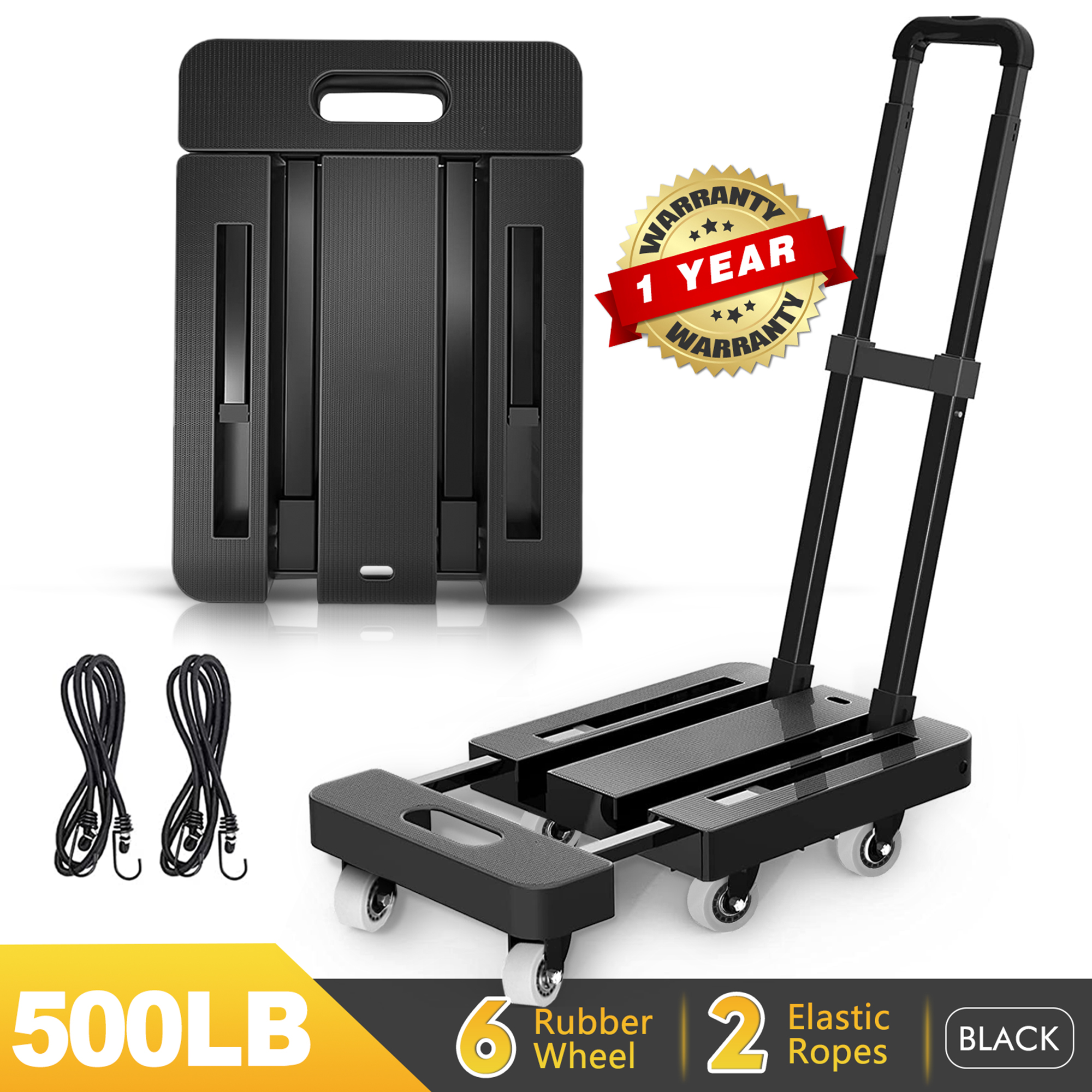 M BUDER Folding Hand Truck, 500 LBS Heavy Duty Dolly Cart, Utility Platform Cart with 6 Wheels for Travel, House, Office, Shopping, Moving Use - Black Folded Size is 11.8 x 17.7” - image 1 of 8