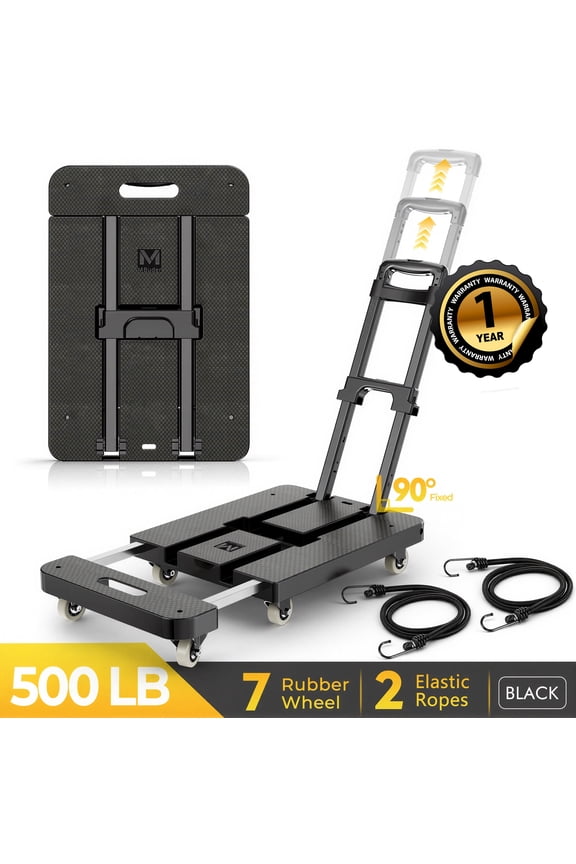 Folding Hand Truck, 500 LBS Heavy Duty Dolly Cart, Utility Platform Cart with 6 Wheels for Travel, House, Office, Shopping, Moving Use - Black Folded Size is 11.8 x 17.7”