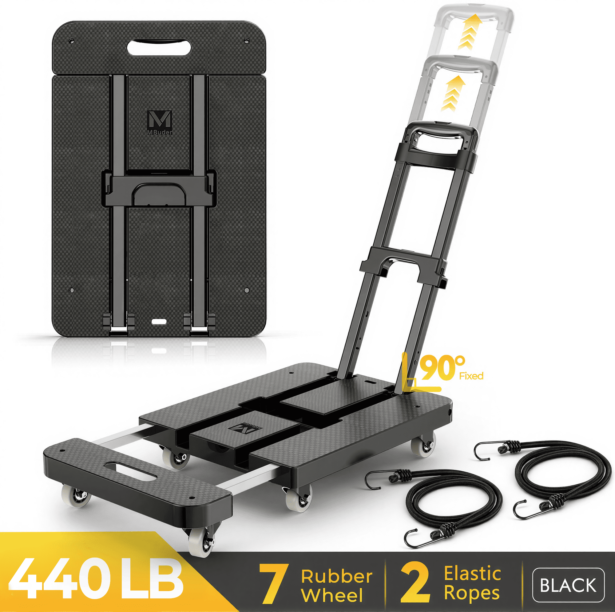 M BUDER Folding Hand Truck, 440 LBS Heavy Duty Dolly Cart, Utility Platform Cart with 7 Wheels for Travel, House, Office, Shopping, Moving Use Black Folded