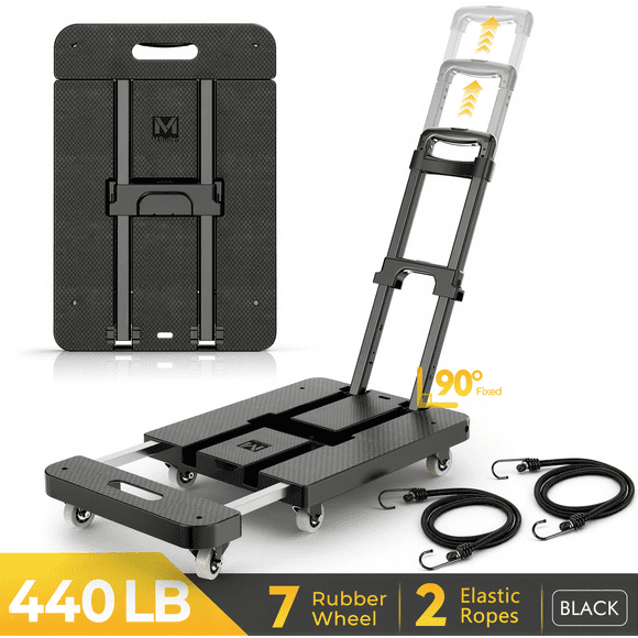 M BUDER Folding Hand Truck, 440 LBS Heavy Duty Dolly Cart, Utility Platform Cart with 7 Wheels for Travel, House, Office, Shopping, Moving Use Black Folded