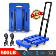 M BUDER Folding Hand Truck - Blue, 500 lbs Heavy Duty Luggage Cart, Portable Folding Dolly with 6 Wheels and 2 Elastic Ropes for Personal, Travel, Luggage, Shopping, Moving Use