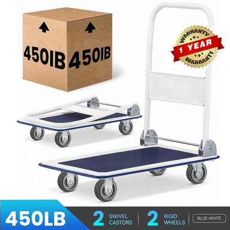 M BUDER Folding Hand Truck, Push Dolly 450 LBS Weight Capacity, Foldable Platform Truck for Luggage, Travel, House, Office, Blue and White 28.3" x 18.9" x 32.7"