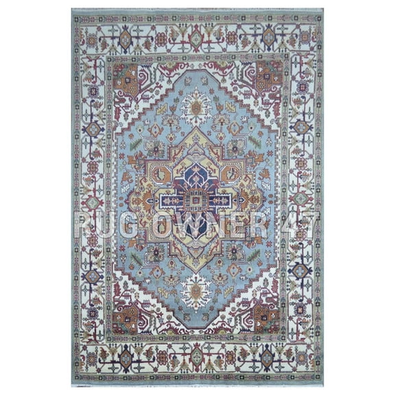 M Blue, Beige, Traditional Serapi Handmade 9X12 Hand-Knotted Wool Area Rug