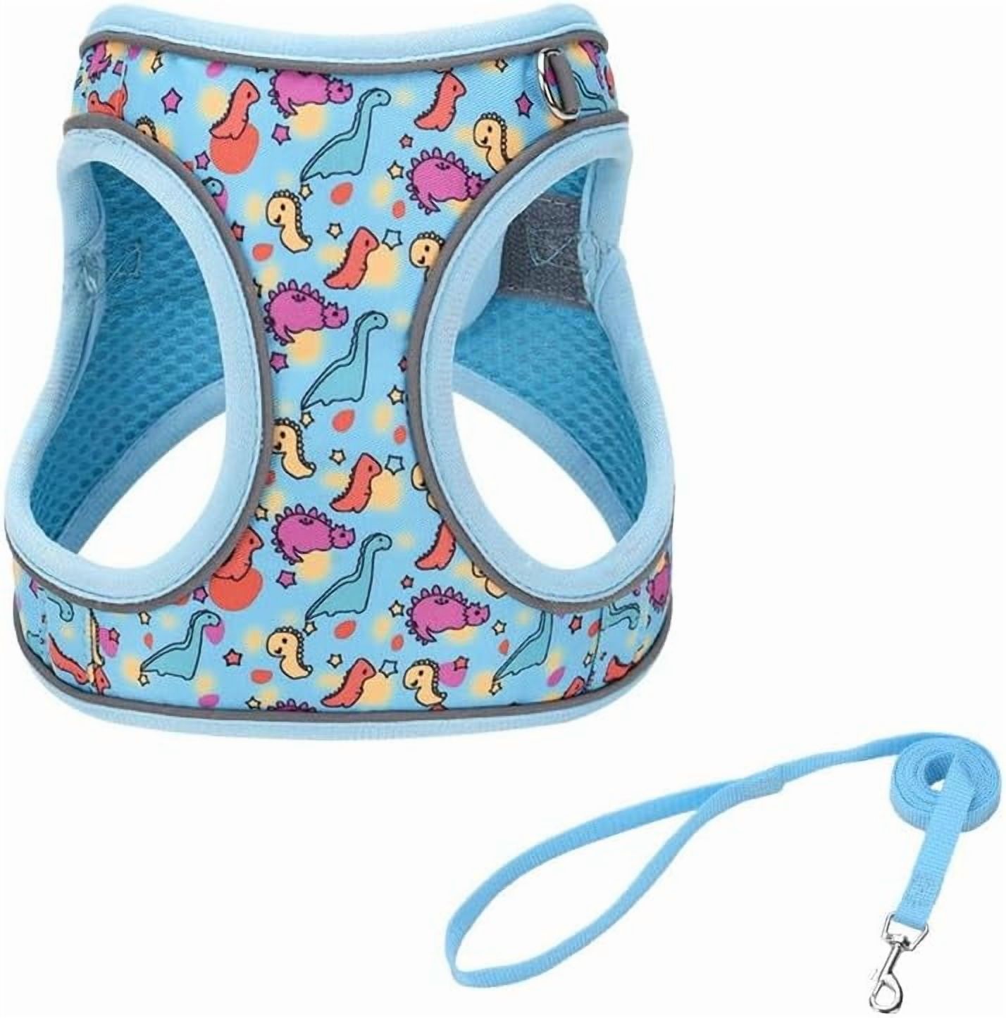 M Blue Dinosaur Pattern Dog Harness and Leash Set,No Escape Puppy Harnesses for Training Walking，Breathable Adjustable Puppy Vest for Small Medium Dogs, Cats (Blue, M)