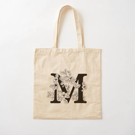 M Botanical Monogram Canvas Tote Bags, Reusable Shopping Bag