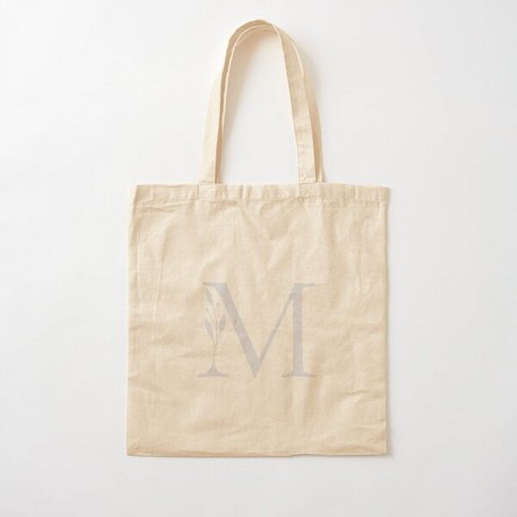 M Botanical Monogram. Detailed Peony Drawing Canvas Tote Bags, Reusable Shopping Bag