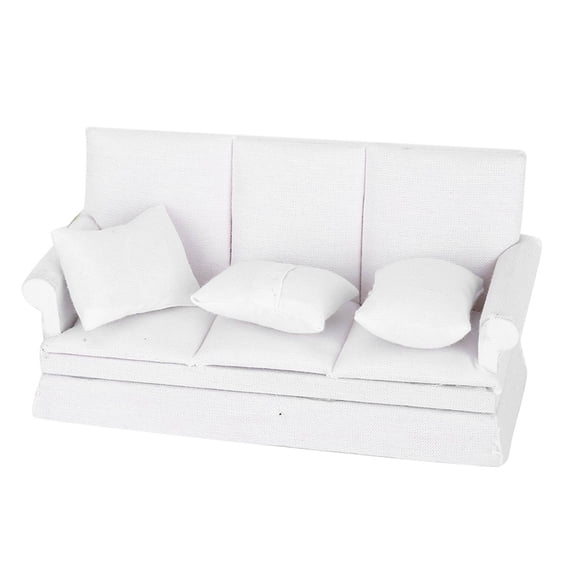 M Buder 1:12 Doll House Mini Sofa with 3pcs Pillow Living Room Furniture Wooden Decoration Accessories, White (5.9 inches / 15 cm)