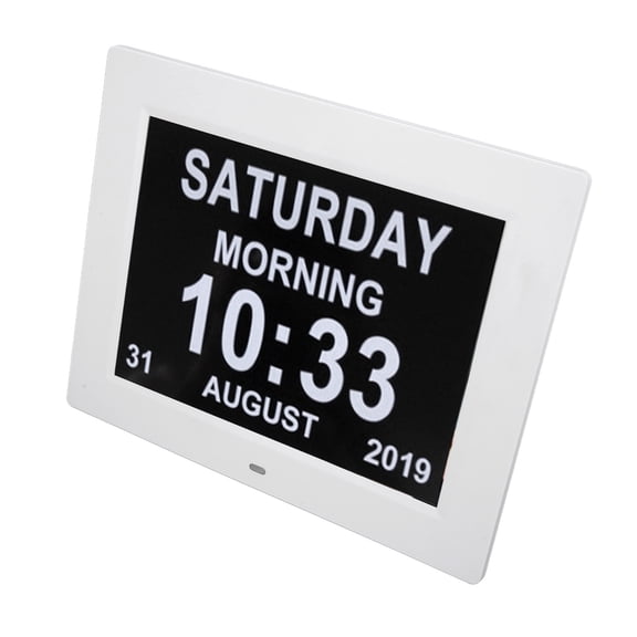 M Buder 10 Inch Digital Calendar Clock for Elderly, 8 Languages Auto Dimming Electronic Day Clock with 3 Medication Reminders & 5 Alarms, White - EU Plug