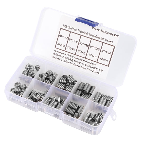 M Buder 100pcs M7 x 1 Coiled Wire Thread Repair Insert Stainless Steel Thread Screws Sleeve Set - Heavy Duty Fasteners for Metal Applications (0.27 inches / 7 mm)