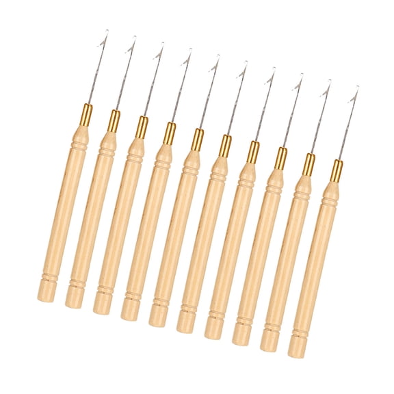 M Buder 10pcs Hair Extension Hook Needle Set Wooden Handle Pulling Loop Tool for Micro Ring Hair Extensions and Wigs, 5.5 inches / 14 cm