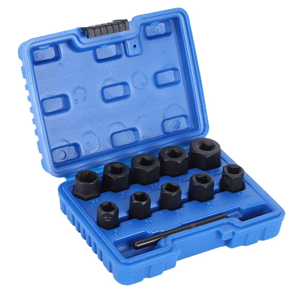 M Buder 11-Piece Damaged Nut Extractor Set, 3/8-Inch Drive Twist Socket Kit for Worn Bolt Removal, Includes Straight Bar and Storage Box[cite: 1]
