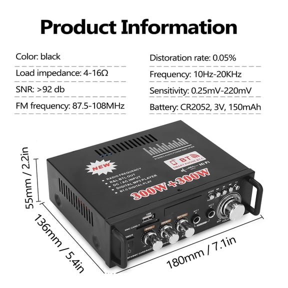 M Buder 12V/ 220V Mini 2CH LCD Display HIFI Audio Stereo Power Amplifier BT FM Radio Portable Car Home 600W Remote Control Audio Amplifier EU Plug (7.1 inches / 18.0 cm)