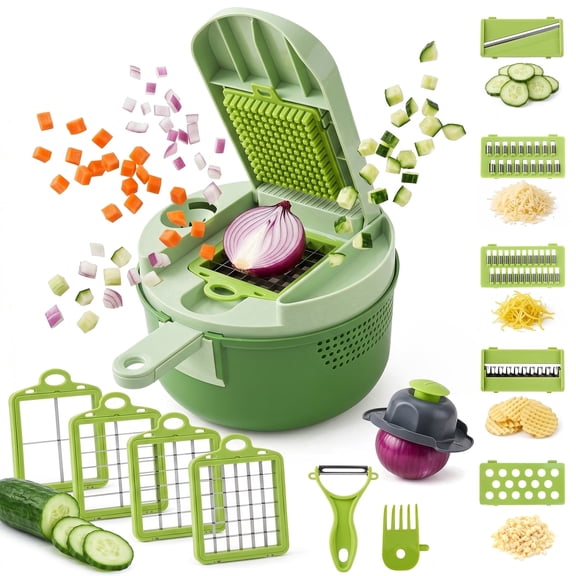 M Buder 15pcs Vegetable Chopper, Food Chopper with 8 Blades, Container, Vegetable Dicer Slicer for Onion, Veggie, Cheese, Green