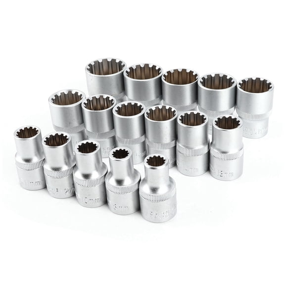 M Buder 16-Piece 1/2-Inch Drive SAE/Metric Spline Socket Set, CR-V Mirror Nickel Finish 12-Corner Universal Hand Tool Kit for Home & Auto Repair