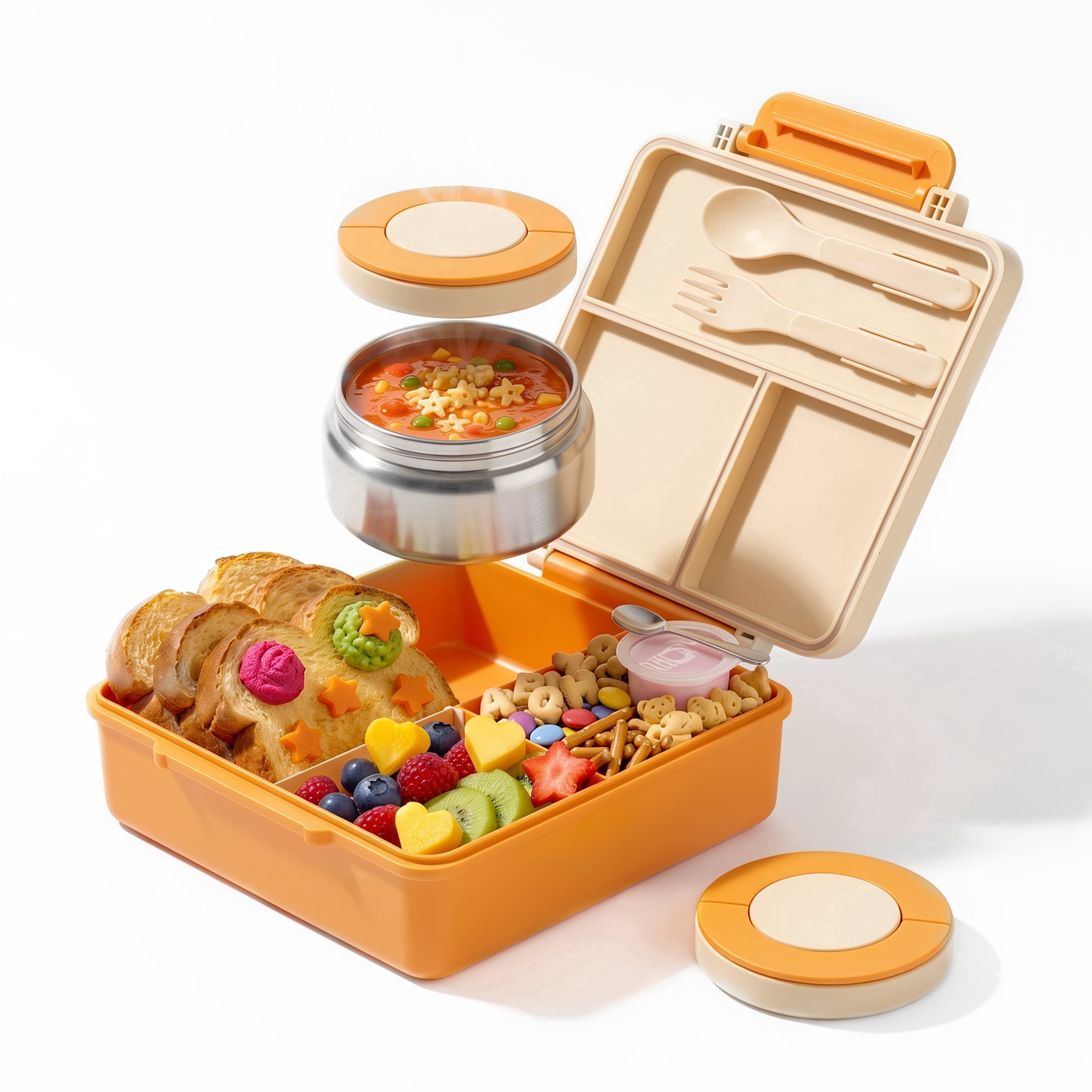 M Buder 1700ML Bento Box for Kids, Leak-Proof Child Lunch Box with 3 or 4 Compartments, 350 ml Insulated Food Jar, Fork, Spoon, Orange