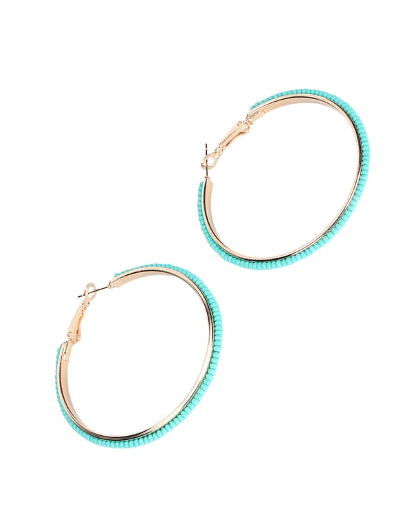 1Pair Hoop Beaded Earrings Geometric Beads Hollow Circle Round Seed Earrings for Women Fashion Retro Ethnic Style Handcrafted Green (4.33 inches / 11 cm)