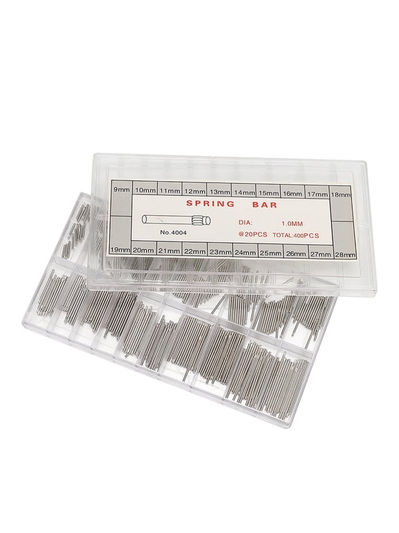1mm Metal Watch Band Spring Bars, Solid Metal Strap Link Pins Repairing Accessory Tool Kit for Watchmakers, Multi-Size 8mm to 27mm Replacement Parts with Storage Box