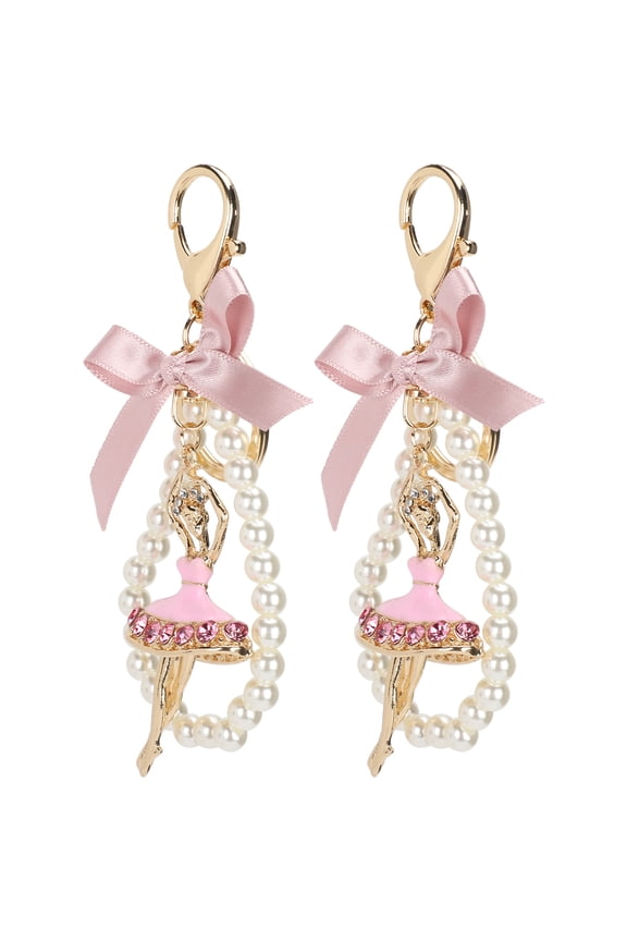 2Pcs Ballet Girl Keychain Pendant Diamond Studded Bowknot Pearl Bag Metal Key Ring Decoration, Fashionable Charm for Women and Girls, Elegant Accessory for Purses and Keys (5.7in / 145mm)