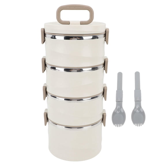 M Buder 3.3L 4‑Tier Stainless Steel Insulated Bento Box with 2 Built‑In Forks – Round, Stackable, Beige