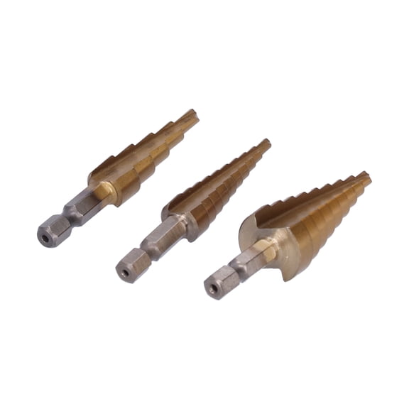 M Buder 3-Piece Titanium-Plated Alloy Steel Step Drill Bit Set, Hex Handle Straight Flute Hole Cutter for Metal Wood Plastic, Sizes 3-12mm 4-12mm 4-20mm (0.12-0.47 in / 0.16-0.79 in)