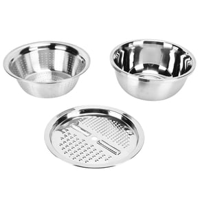 M Buder 304 Stainless Steel Drain Basin 3 In 1 Set For Kitchen / 11.3 inches (28.7 cm) Vegetable And Fruit Cut Kneading Basin Cutting Plate Rice Sieve Pot Strainer Colander Bowl Silver Finish