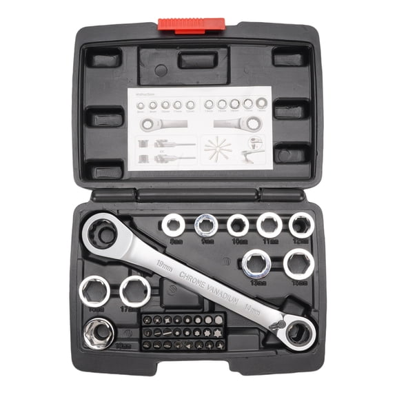 M Buder 36-Piece 72-Tooth Double Head Ratchet Wrench Set, Professional Metric 14-19mm Socket Wrench Multi Functional Torsion Tool CW CCW with Storage Case (8.27 x 5.91 x 2.36 inches / 21 x 15 x 6 cm)