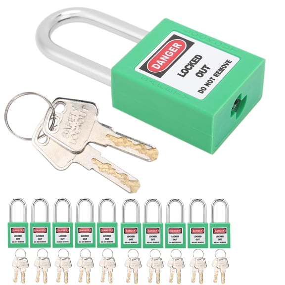 M Buder 38mm Lockout Tagout Lock 10 Sets, Durable Nylon Isolation Design Corrosion Resistant Electrical Padlock with 20 Keys, Green, 9.45 inches / 24 cm