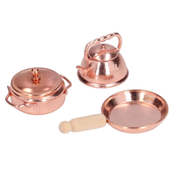 M Buder 3Pcs 1:12 Dollhouse Miniature Bronze Frying Pan Pot Kettle Kitchen Cooking Kit Cookware Set