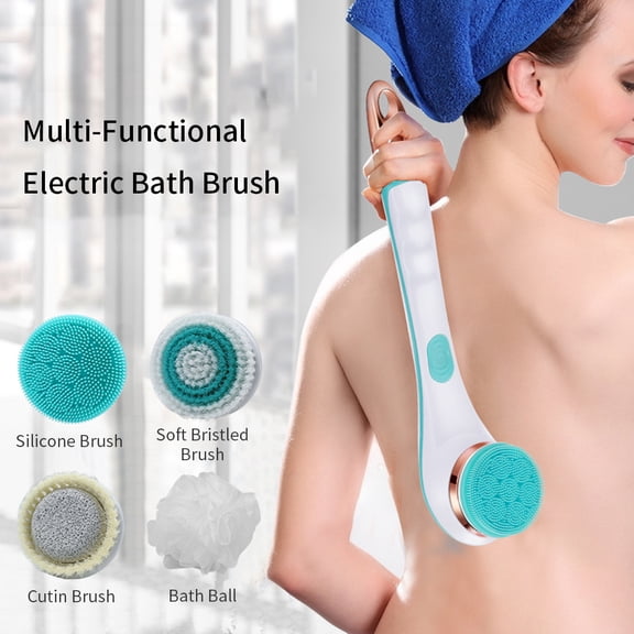 M Buder 4 in 1 Multifunctional Electric Bath Brush Long Handle Shower Tool Power-Driven Body Cleansing Device with 4 Brush Heads Waterproof IPX7 Turquoise Skin Care Massager