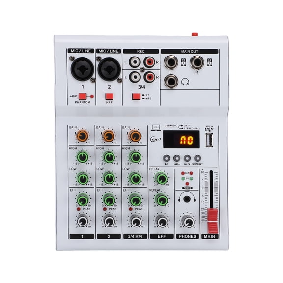 M Buder 4 Channel Mini Sound Mixer DJ Mixing Board with BT MP3 USB 48V Phantom Power Built-in Guitar Amp for Karaoke Home Studio Recording Live Streaming 6.6 inches / 16.8 cm White[cite: 1, 2]