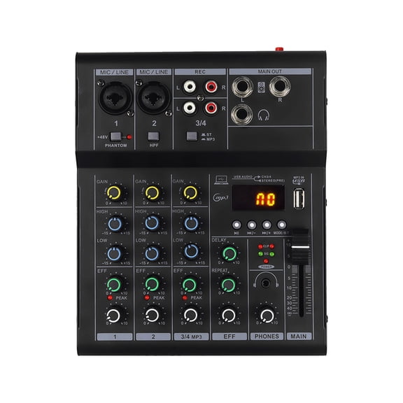 M Buder 4 Channel Mini Sound Mixer DJ Mixing Board with BT MP3 USB 48V Phantom Power Built-in Guitar Amp for Karaoke Home Studio Recording Live Streaming 6.6 inches / 16.8 cm Black[cite: 1, 2]