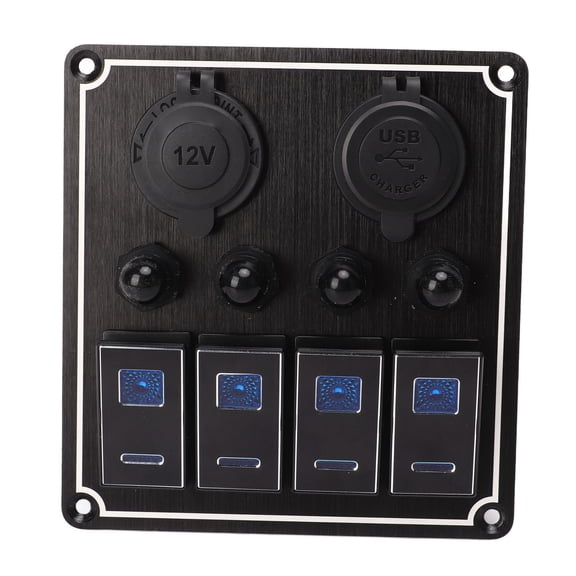 M Buder 4 Gang Rocker Switch Panel Blue LED Backlit 5 Pin Toggle ON/OFF Single Pole Single Throw Switch with Overcurrent Protection for Car RV Marine Boat Caravan Yacht, 12V-24V Aluminum Alloy