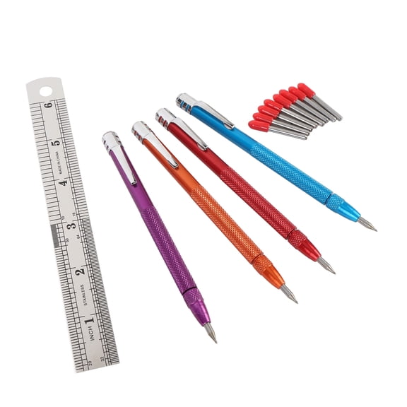 M Buder 4 Pcs Tungsten Carbide Scriber Knurled Aluminium Handle Etching Engraving Pen with 8 Replacement Tips for Ceramic Metal Glass Stone Marking Cutting Hand Tools Set