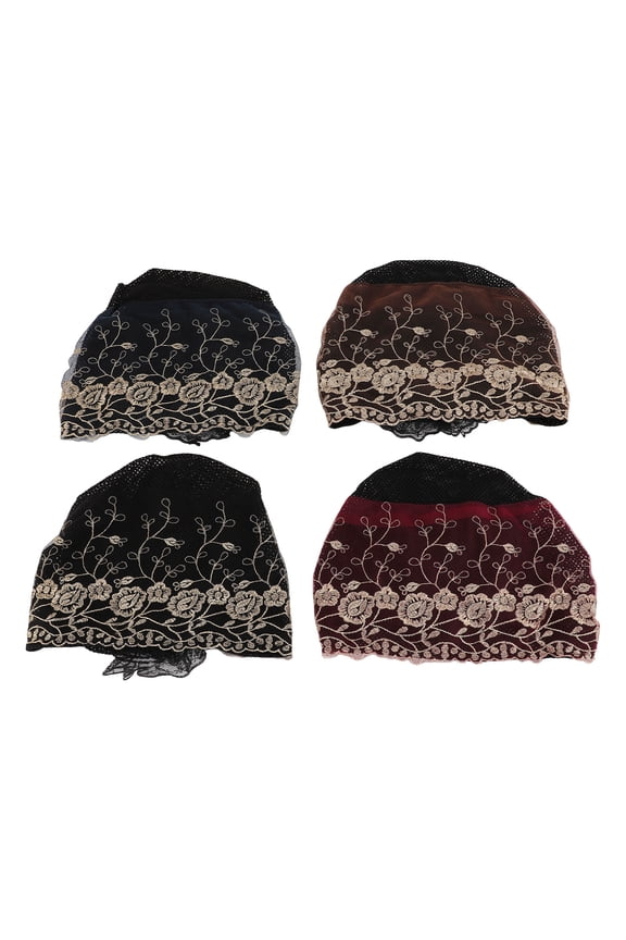 4 Pcs Women Muslim Inner Hijab Cap Floral Lace Embroidered Under Scarf Hat Lightweight Beanie Black Wine Red Navy Blue Coffee