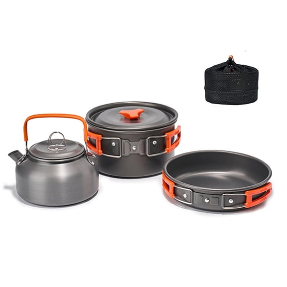 M Buder 4-Piece Camping Cookware Set with Hard-Anodized Alumina Pot, Frying Pan, and Portable Teapot, Lightweight Anti-Scald Hiking Mess Kit for Backpacking and Picnics, 7.87 x 7.09 Inches, Orange