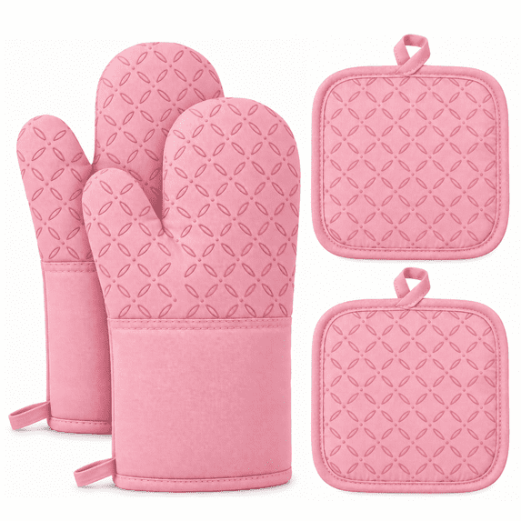 M Buder 4-Piece Oven Mitts Set, 392°F Heat Resistant Cotton Oven Gloves with Pot Holders, Non-Slip for Cooking, Baking, BBQ, Pink