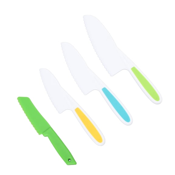 M Buder 4pcs Kids Kitchen Knives Set Fruit Vegetable Cutting Serrated Safety Knife for Home Use, Plastic PP, Multicolor